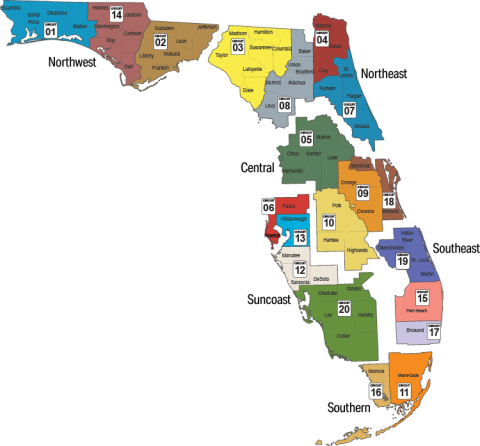 Map of Florida broken down by region and circuit - Exploded View